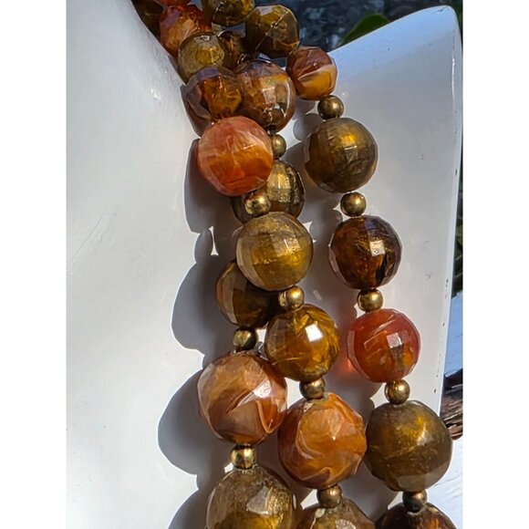 Vintage Multi-Strand Amber & Brown Beaded Choker Necklace With Gold-Tone Clasp - Picture 11 of 16